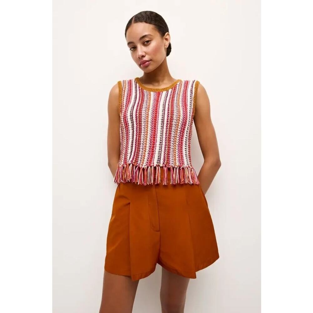 Marie Oliver Collins Sweater Tank Top Women's Size M Pink Orange White Fringe